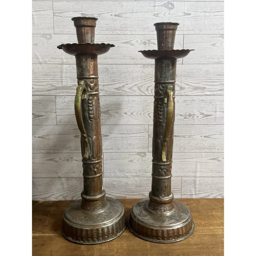 2 Large Metal Ornate Candlesticks with Handle Great Patina
